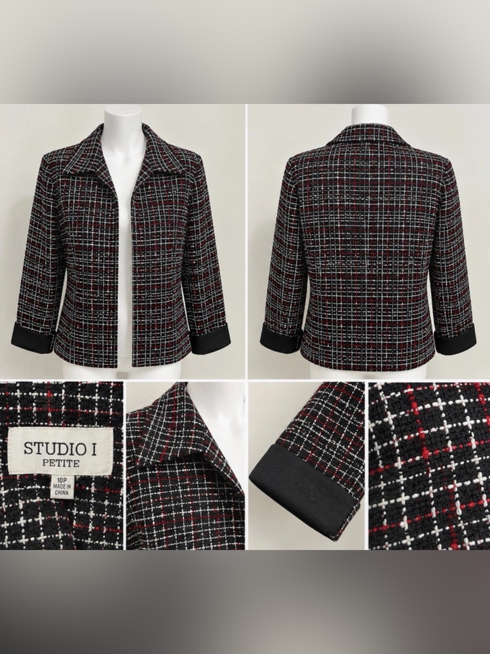 Studio I Tweed Jacket Women’s Black White Red Open Front Blazer